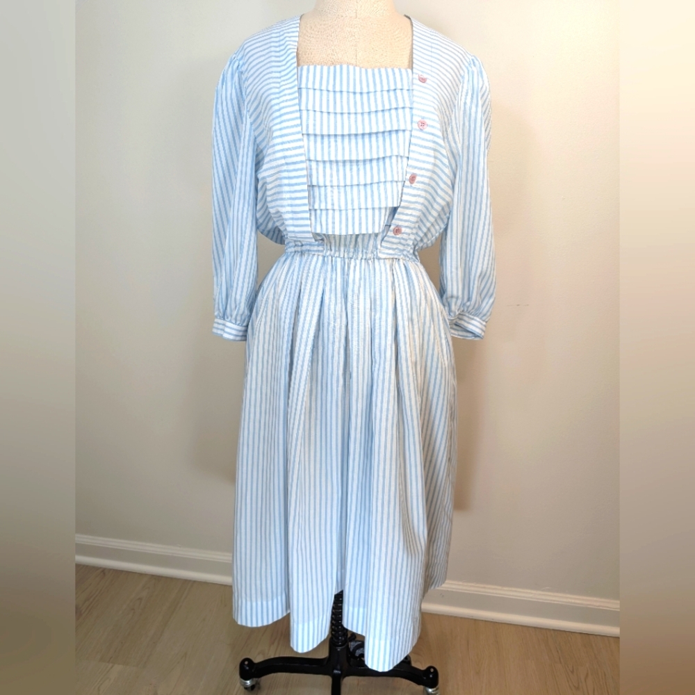 Vintage John Roberts cotton blend striped, modest, coquette maxi dress  12. - Picture 2 of 14